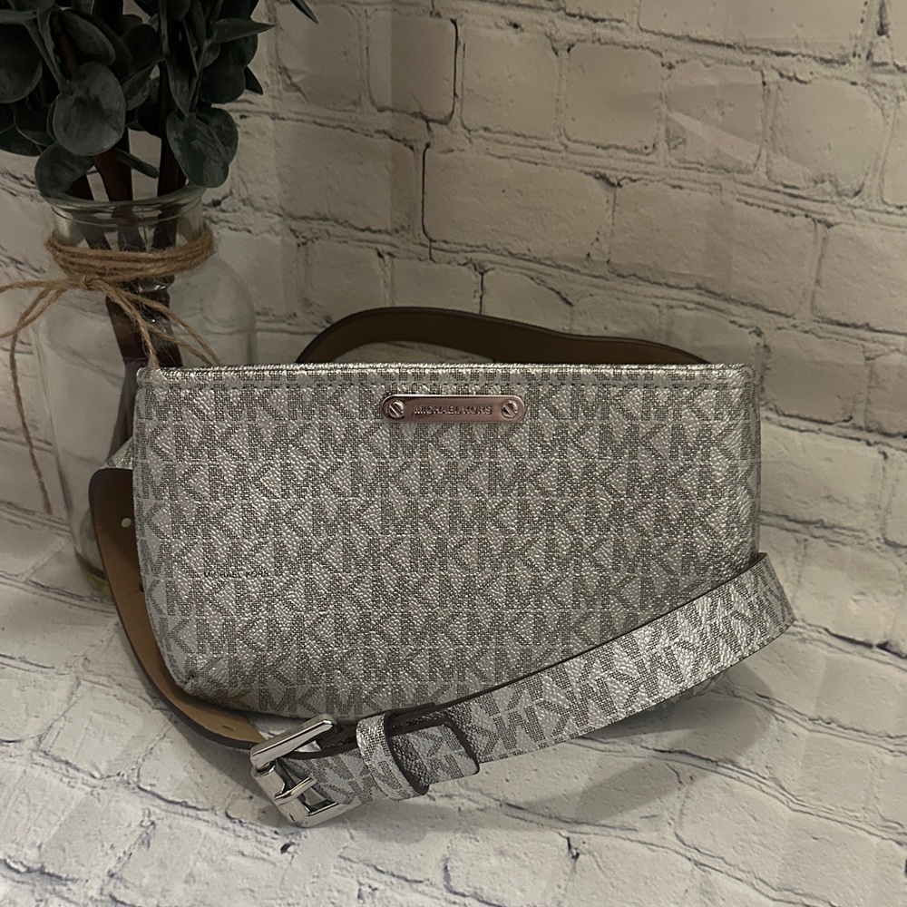 Like New -Michael Kors Silver and Silver Monogram Belt Bag